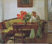 Anna Ancher Interior with poppies and reading woman painting